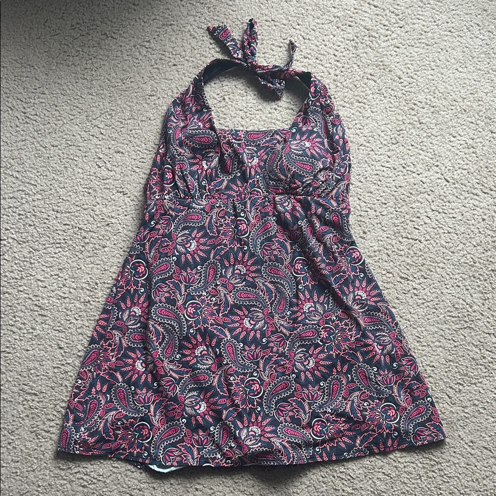 Lands’ End Paisley Square Halter Neck Swim Dress - image 1